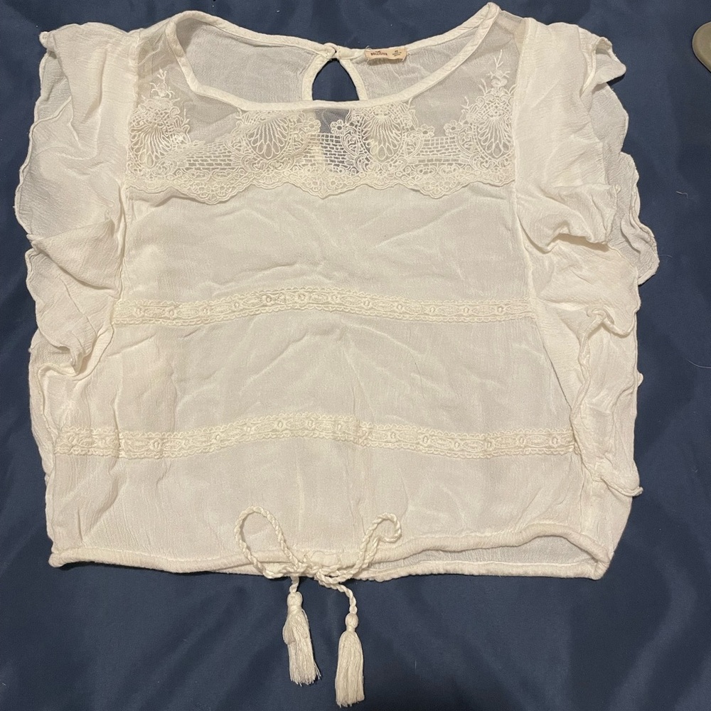 Hollister Flutter Sleeve Lace Striped Mesh/Lace Neck Detail Rope Tie Hem Crop - Picture 6 of 12